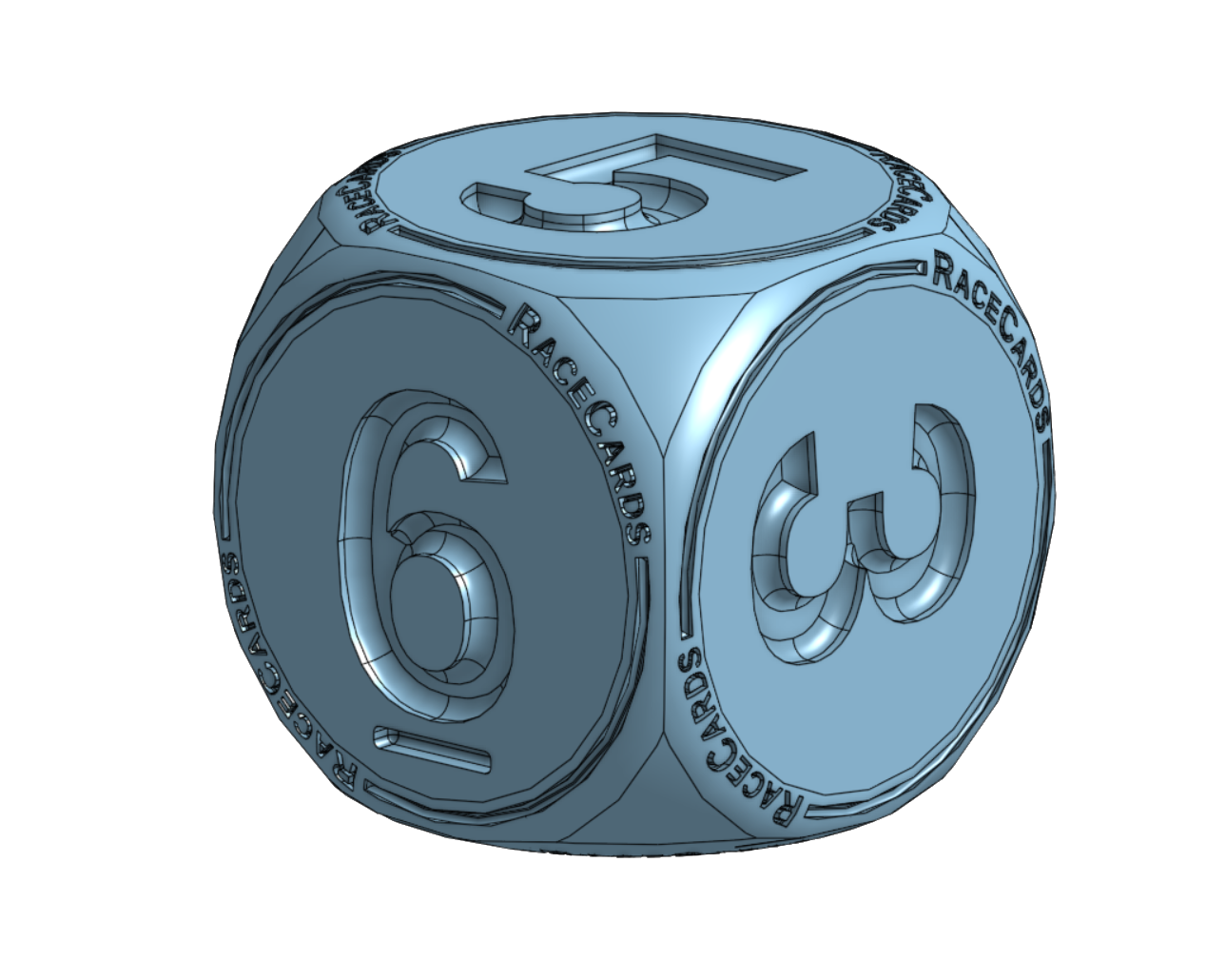 RaceCards custom six-sided die CAD render.