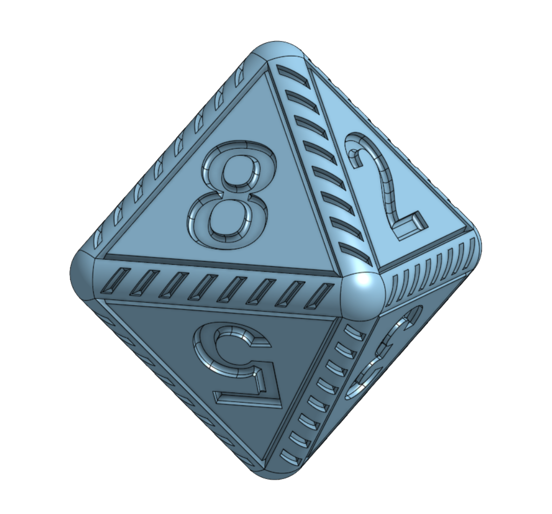 RaceCards custom eight-sided die CAD render.