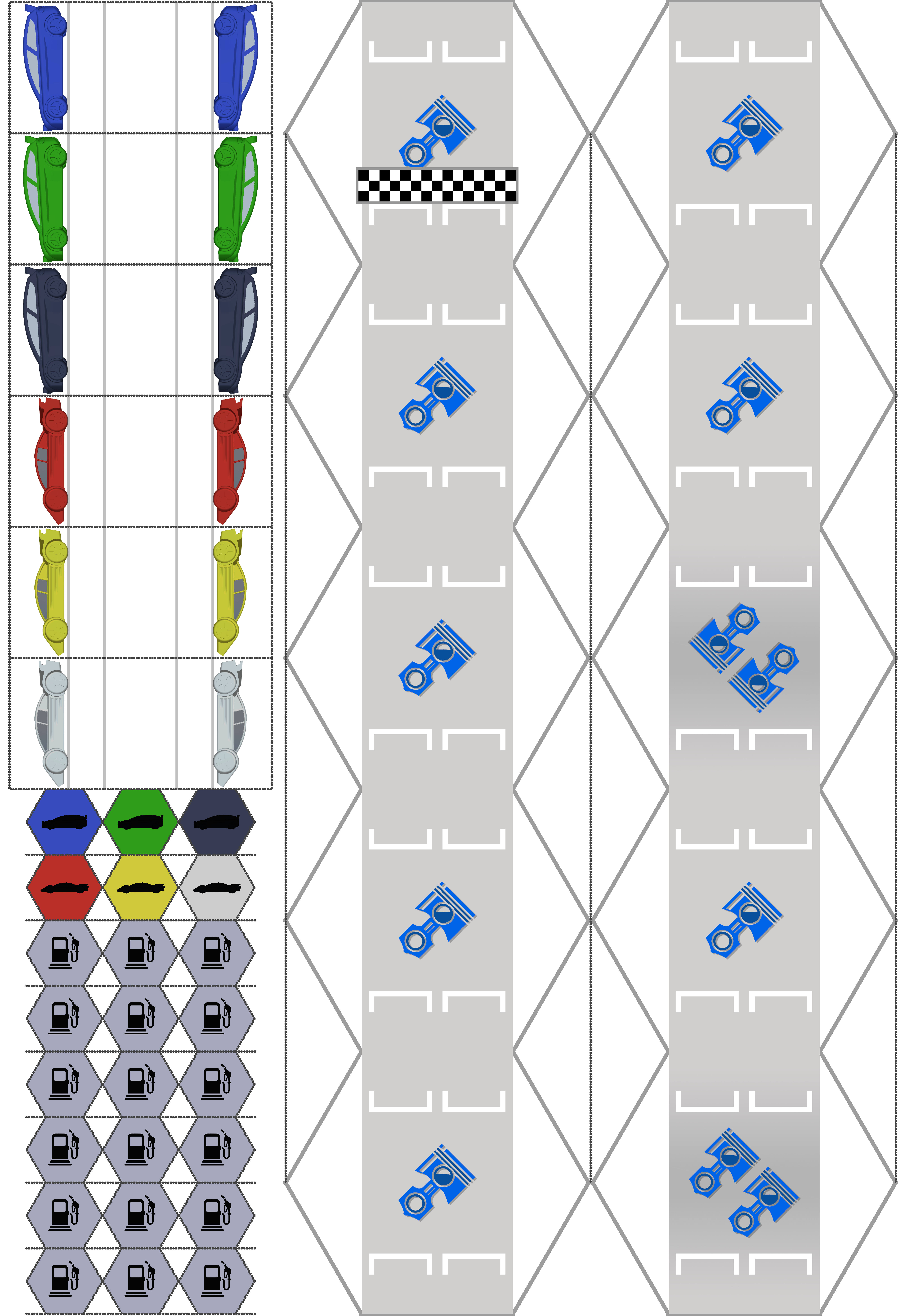 Print-and-play Tau Ceti RaceCards sheet with cars, track tiles, fuel tokens, and cut lines.